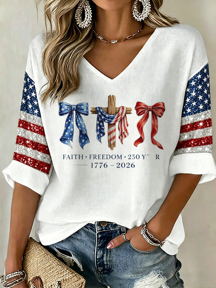 Women's Casual American Independence Day Rhinestone Flag Cross V-Neck Top