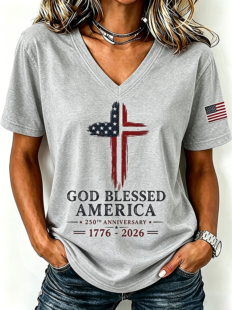 God Blessed America Commemorative Print V-Neck T-Shirt