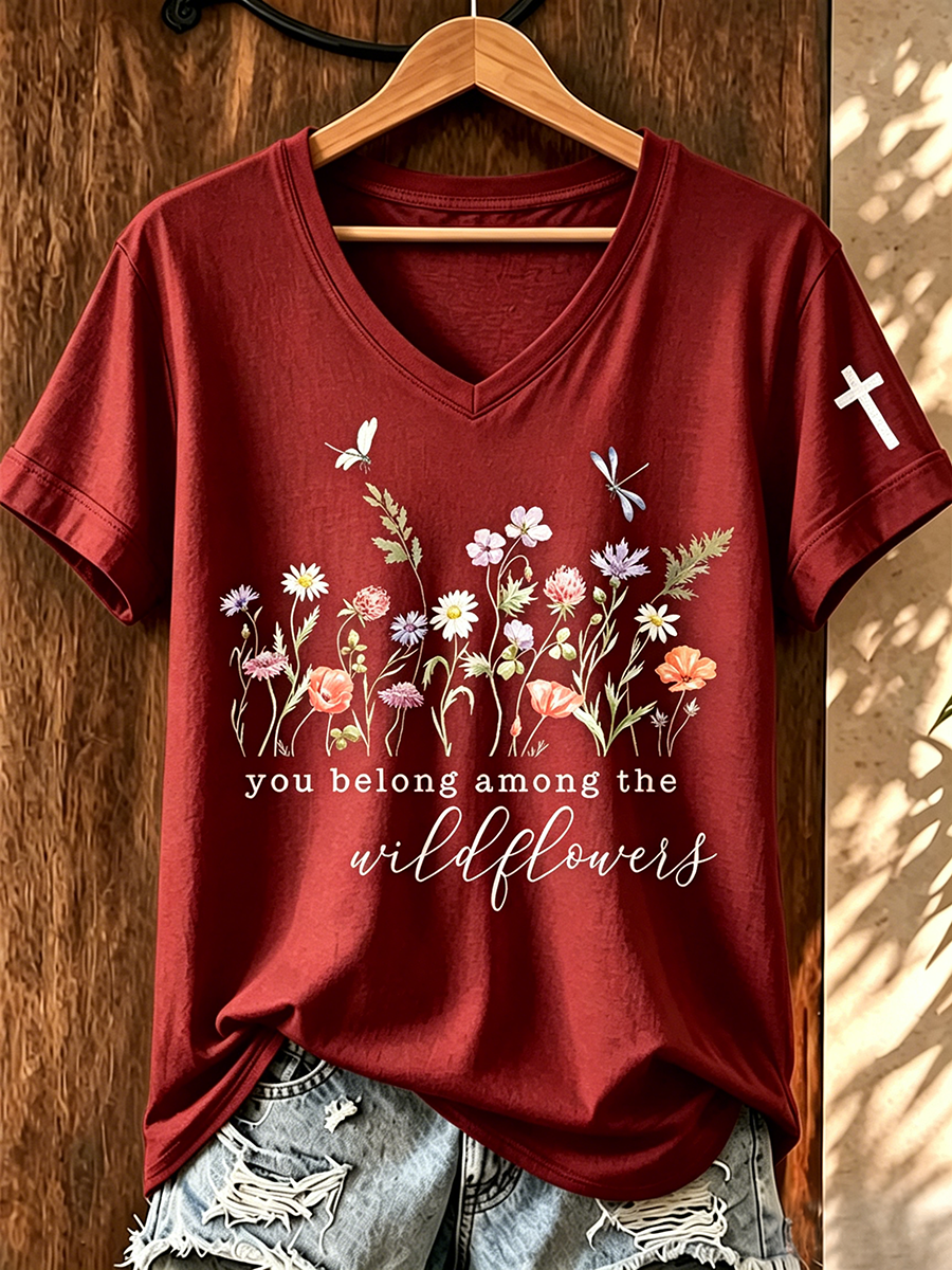 Faith In Jesus Slogan Commemorative Print V-Neck T-Shirt
