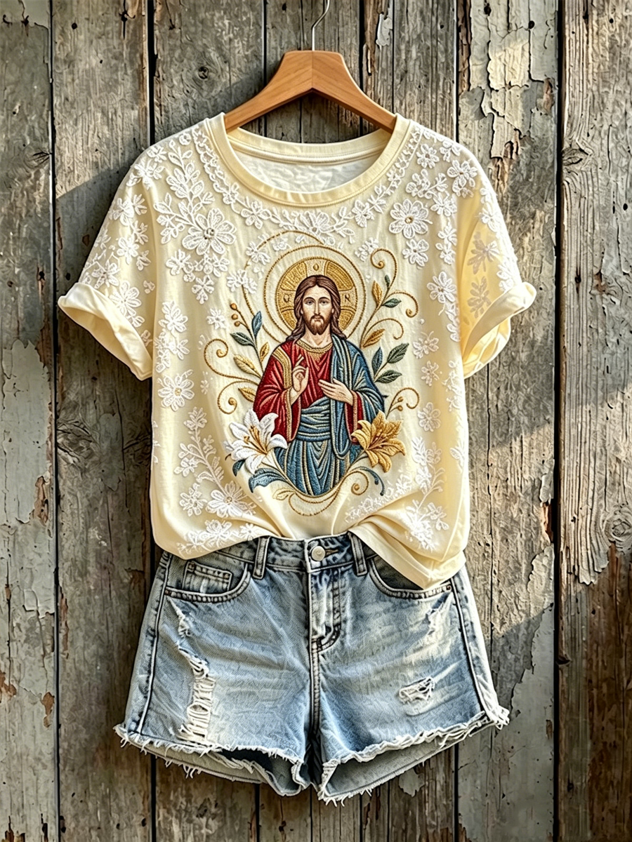 Women'S Jesus Faith Flower Art Printed T-Shirt