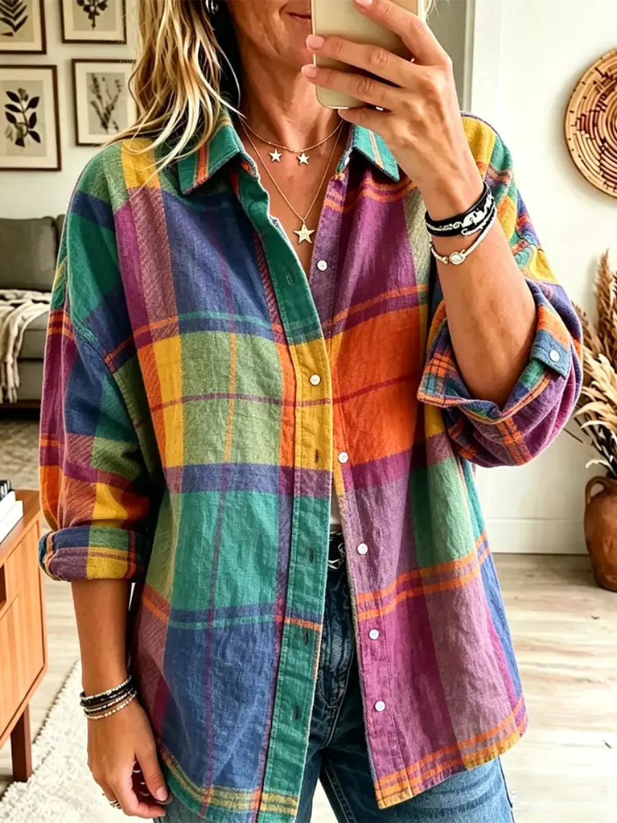 Women's Casual Fall Printed Lapel Long Sleeved Shirt