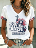 Women's Vintage American Flag Print V Neck T-shirt