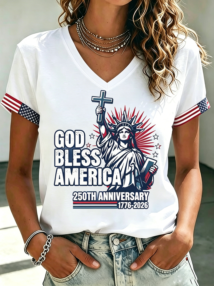 Women's Vintage American Flag Print V Neck T-shirt