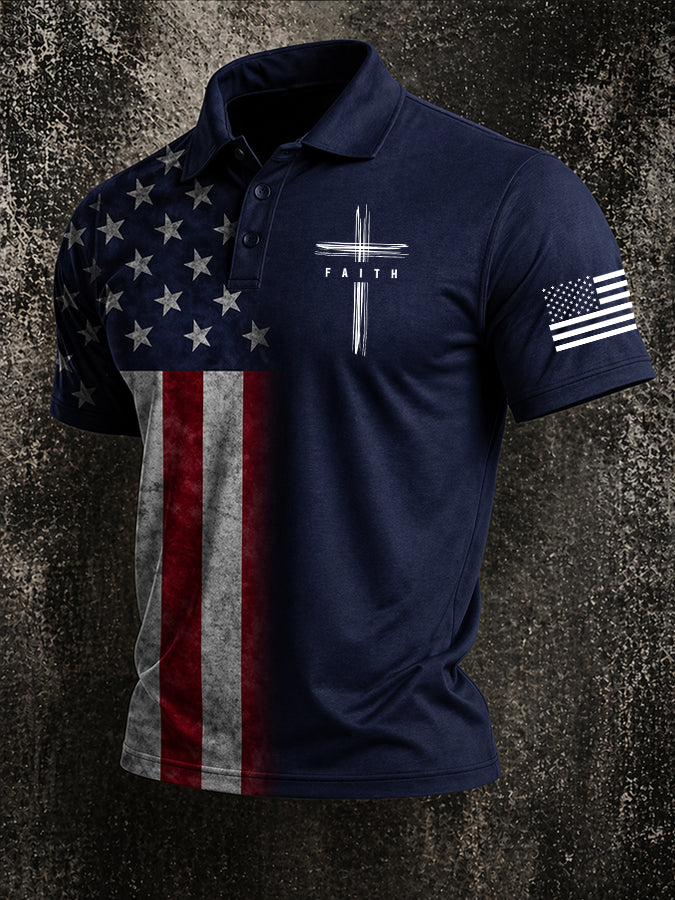 Men'S Cross Flag Printed Casual Polo Shirt