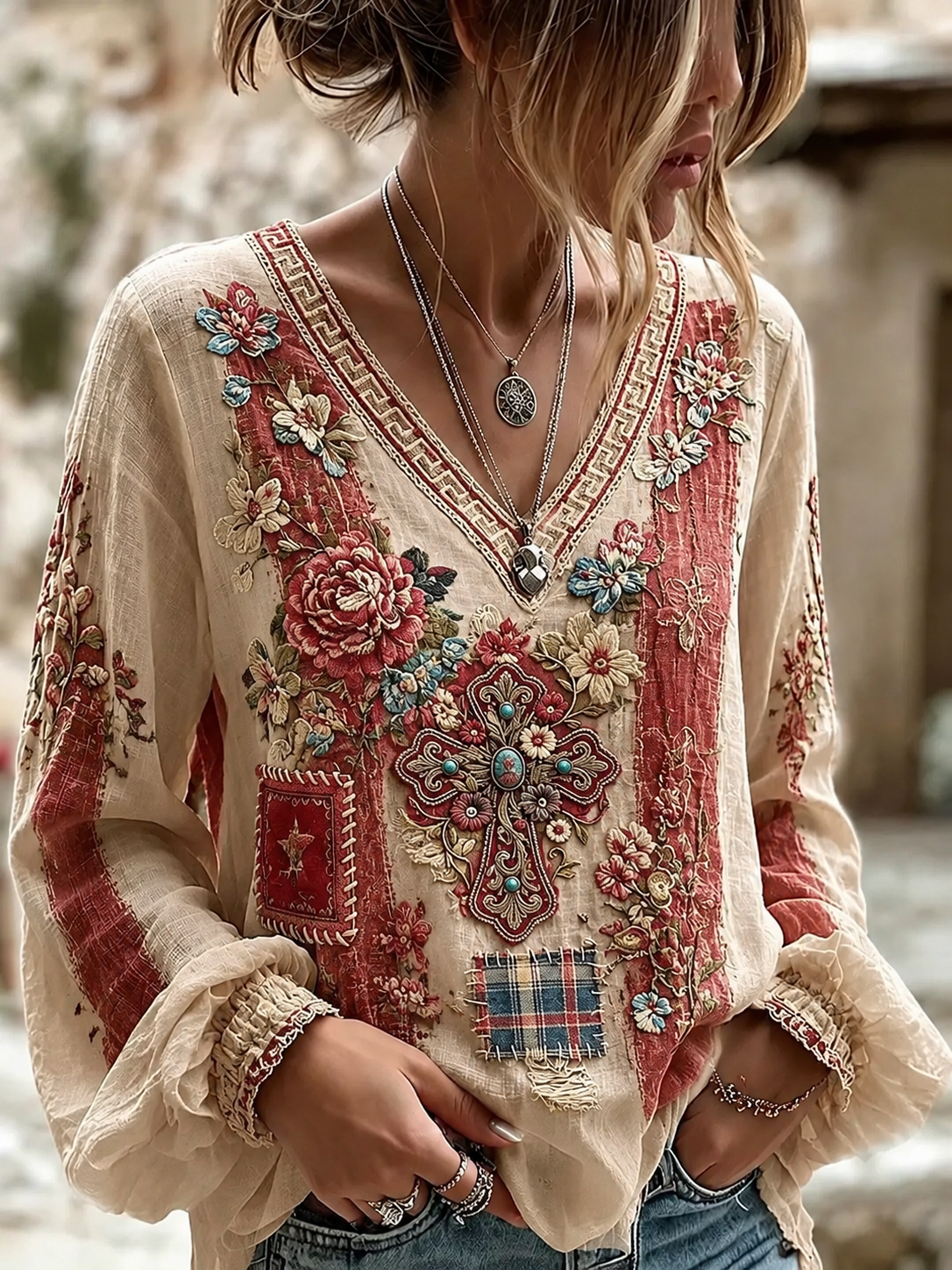 Women's Retro Cross Faith Blessing Flower Embroidery Cotton Hemp Top