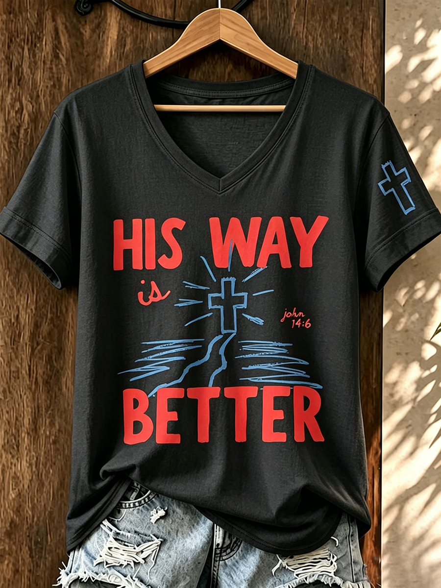 Faith In Jesus Slogan Commemorative Print V-Neck T-Shirt