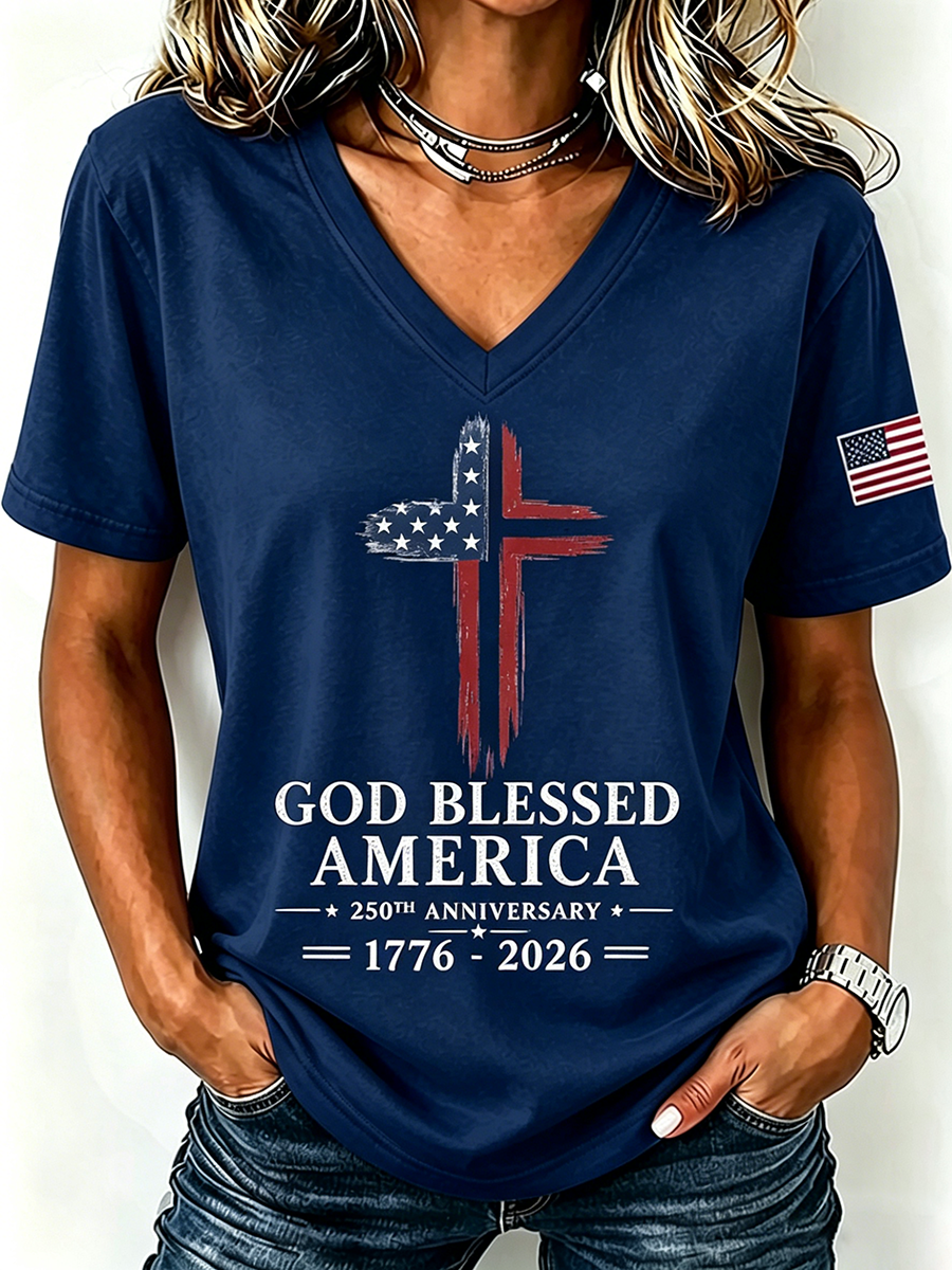 God Blessed America Commemorative Print V-Neck T-Shirt