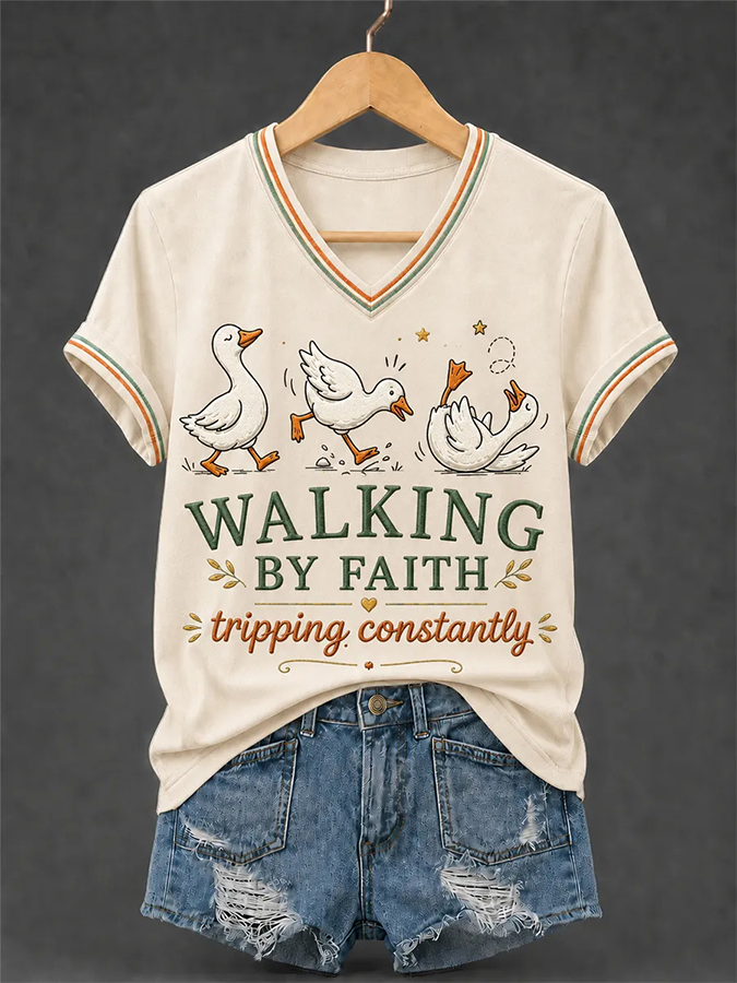 Women'S God Fun Duck Pattern Faith Print V-Neck T-Shirt