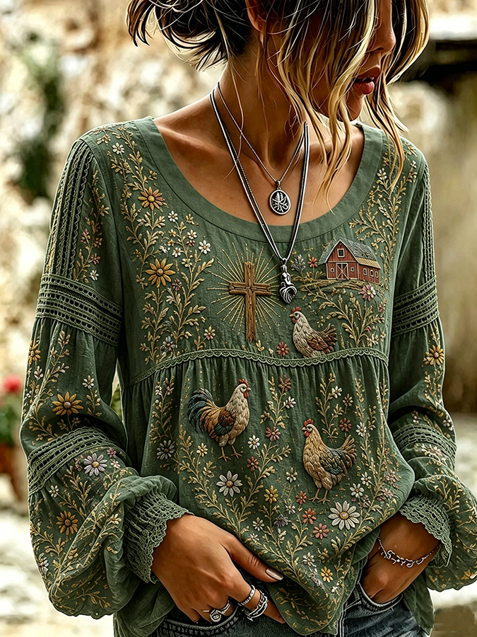 Women's Floral cross print Cotton-Linen Shirt