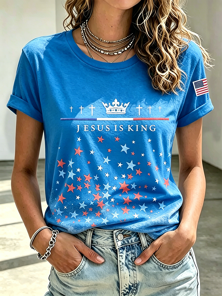 Faith Cross Embroidered Print Commemorative Print Round Neck Top
