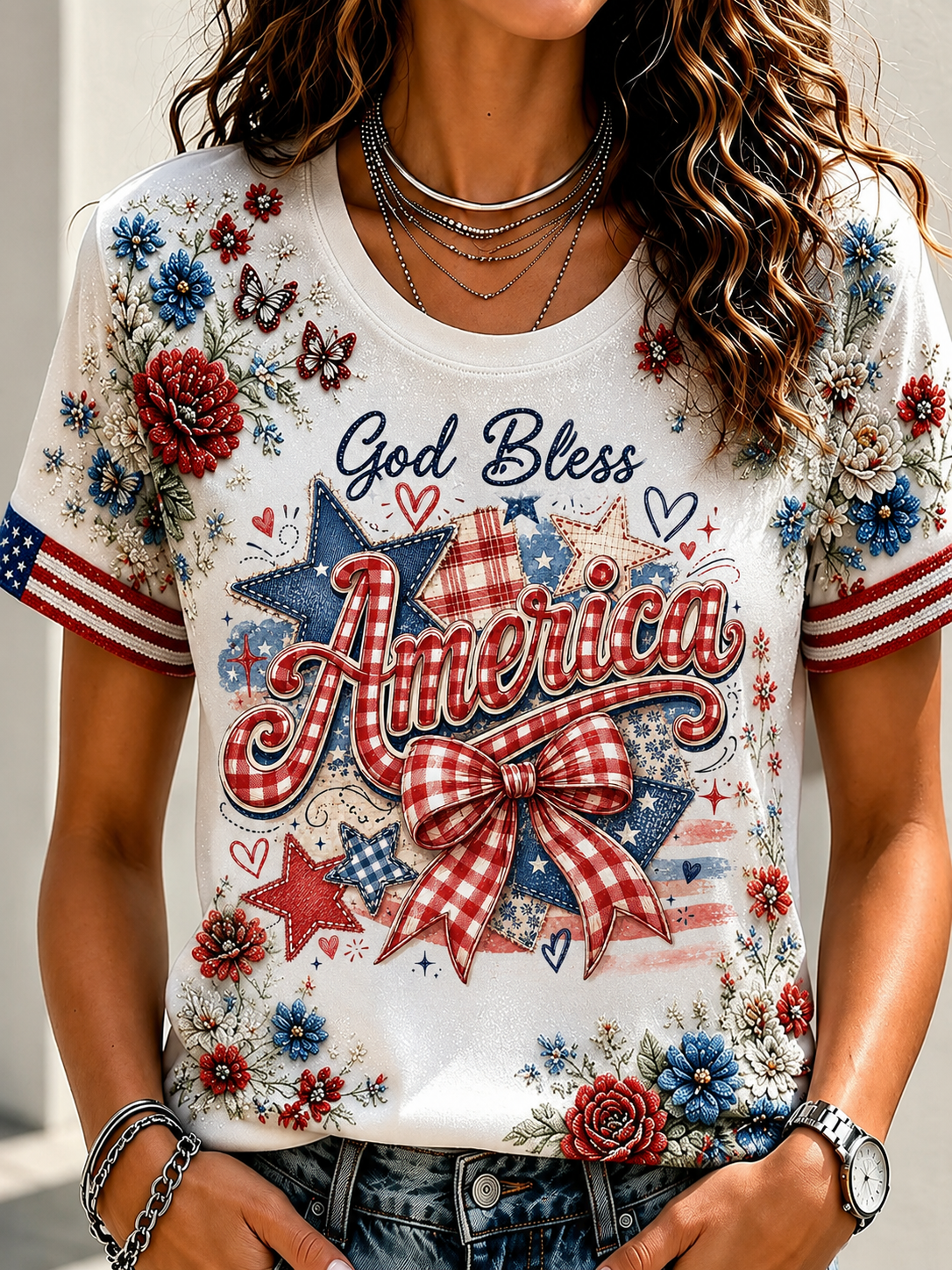 Women's God Bless America Plaid Star Bow Floral Embroidery Style Striped Cuff Short Sleeve Crew Neck Patriotic T-Shirt
