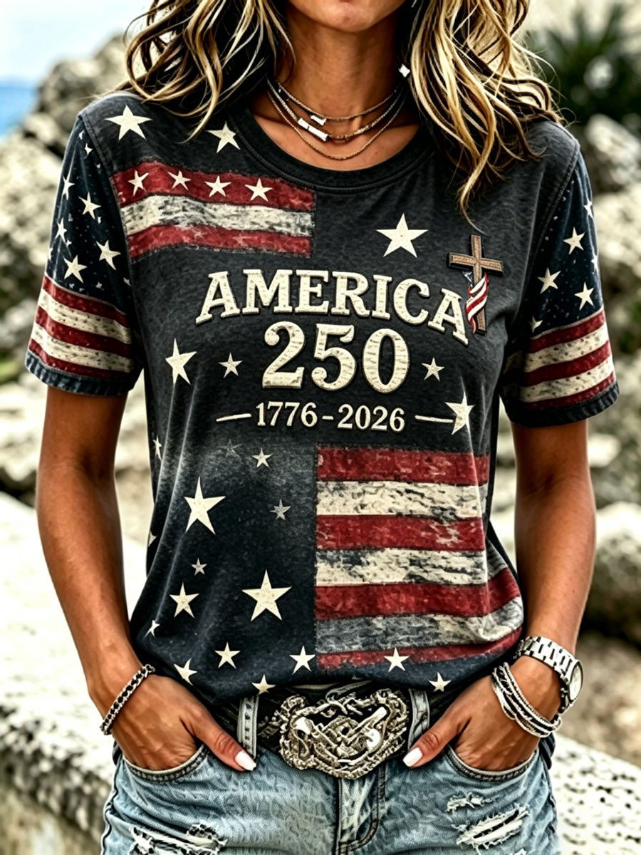Ladies' Casual Round Neck American 250Th Anniversary Cross Print T-Shirt