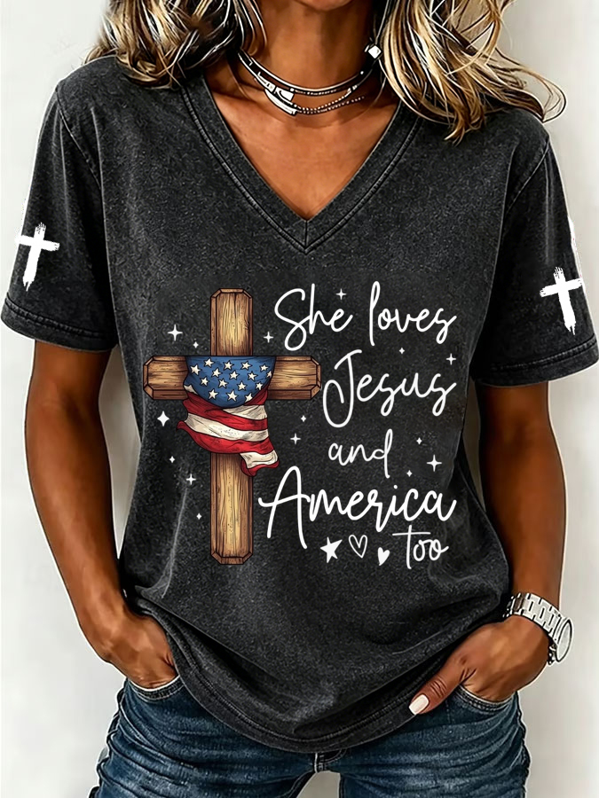 Women'S Loves Jesus and America Too Print Printed T-Shirt