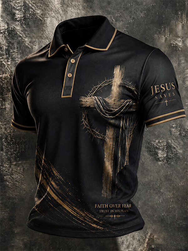 Men's Faith Over Fear Wooden Cross Crown of Thorns Jesus Saves Polo Shirt