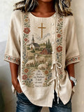Women's Embroidered Farm Sheep Cross Floral Cotton Linen T-shirt