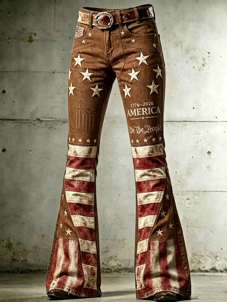 Ladies' American Flag Pattern Cross Printed Trumpet Pants