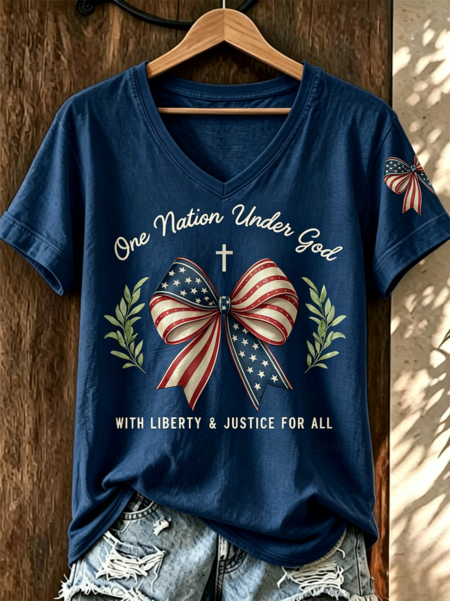 American Flag Faith Cross Commemorative Print V-neck Top