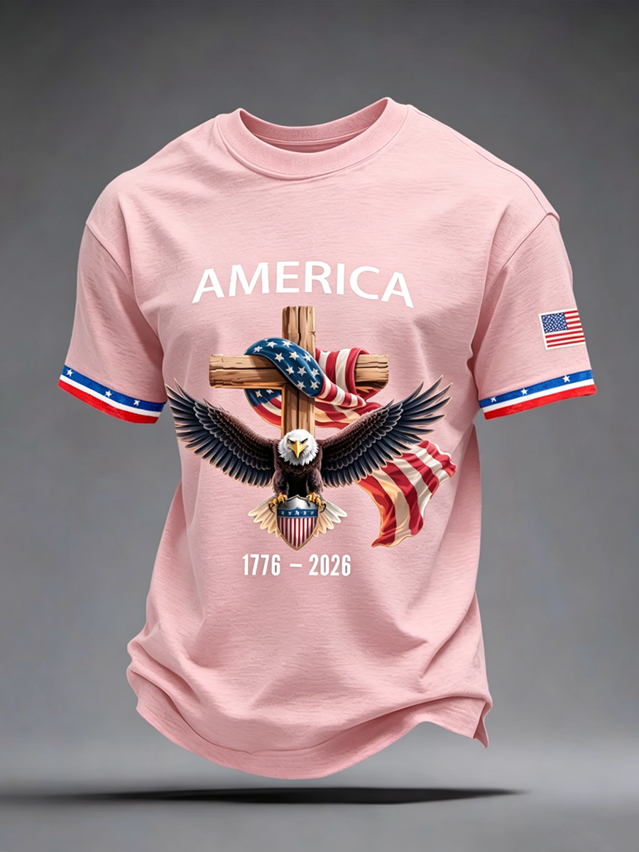 American Flag Commemorative Eagle Cross Printed Round Neck T-Shirt