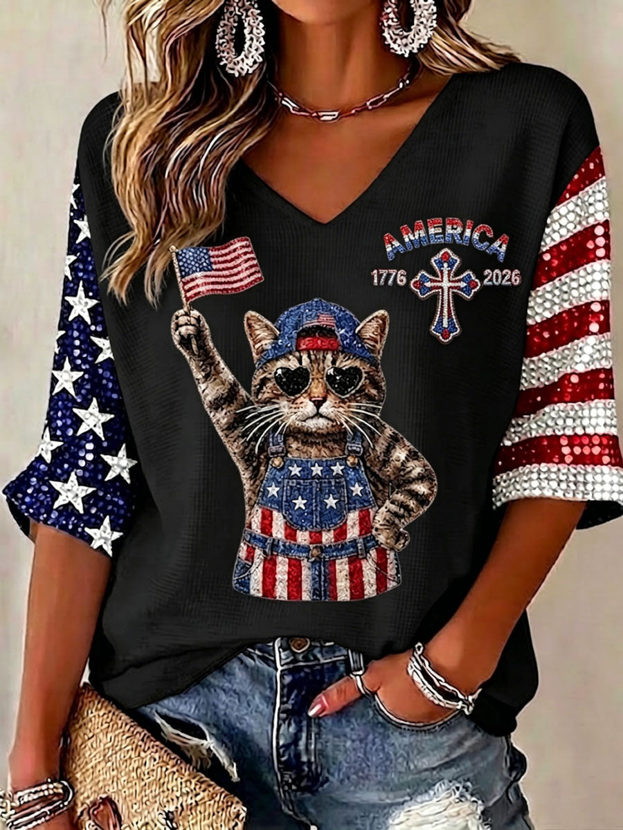 Ladies' American Cat Flag Cross Pattern V-Neck Casual Top