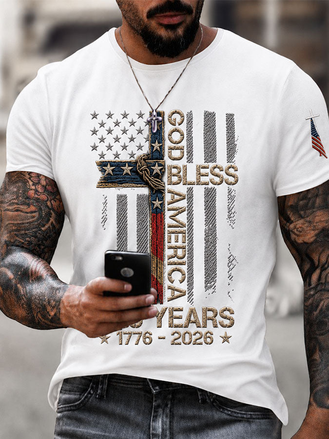 Men's God Bless America America Flag Print Short Sleeve T-Shirt