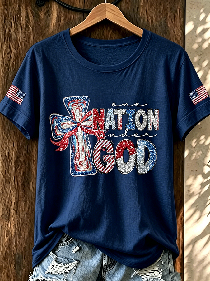 Women'S 250Th Anniversary American Flag Commemorative God Printed Casual T-Shirt