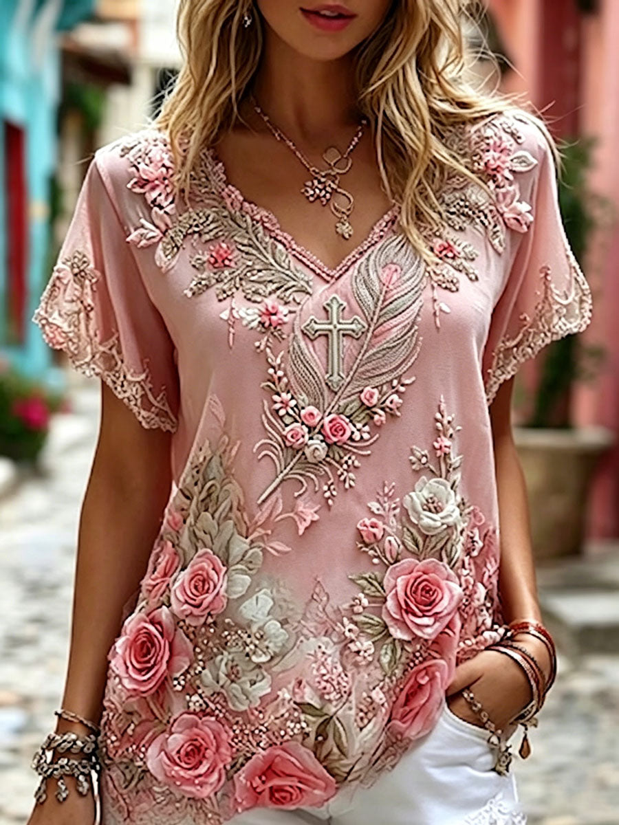 Women's Cross, Floral Cotton Linen Top