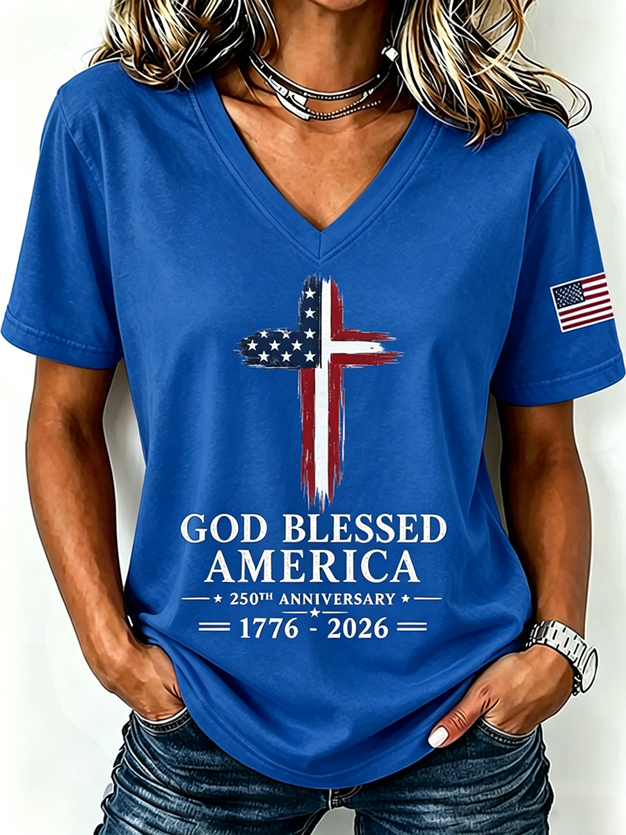 God Blessed America Commemorative Print V-Neck T-Shirt