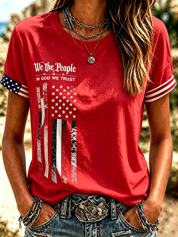 Women's Floral American Flag Printed Casual T-shirt