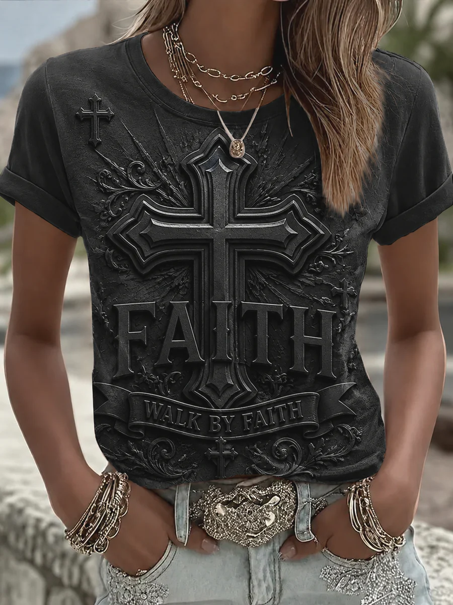Women'S Faith Cross Printed Short Sleeved T-Shirt