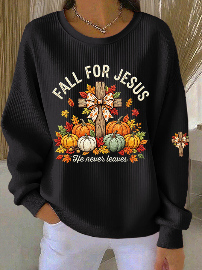 Women'S Fall For Jesus Print Casual Sweatshirt