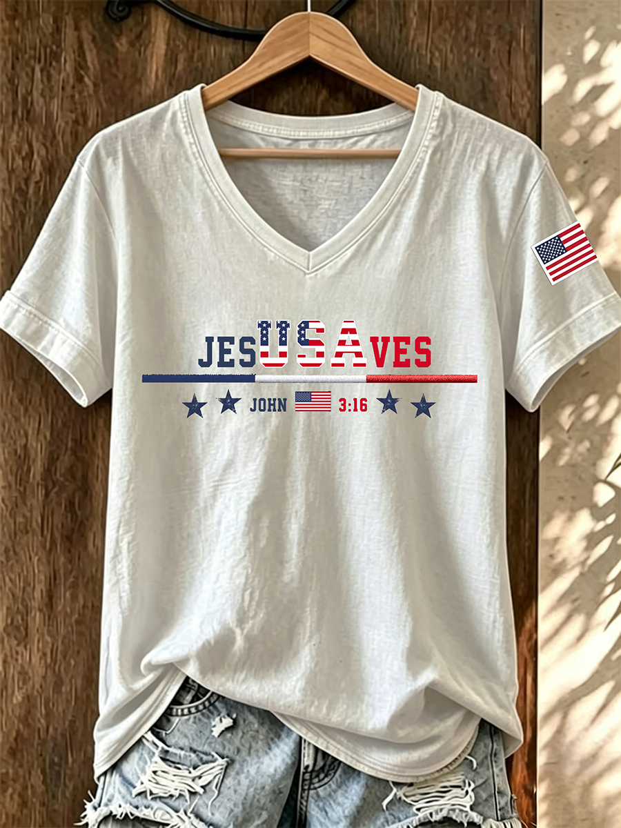 American Faith Jesus Cross Commemorative Print V-Neck T-Shirt