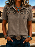 Women'S Retro Western Style Ethnic Flower Short Sleeved Shirt