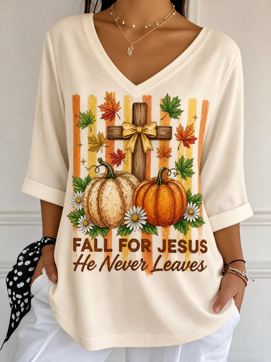 Women's Fall For Jesus He Never Leaves V Neck 3/4 Sleeve Casual Tee