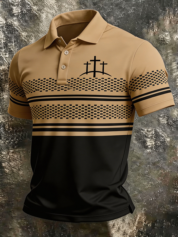 Men's Three Crosses Christian Print Polo Shirt