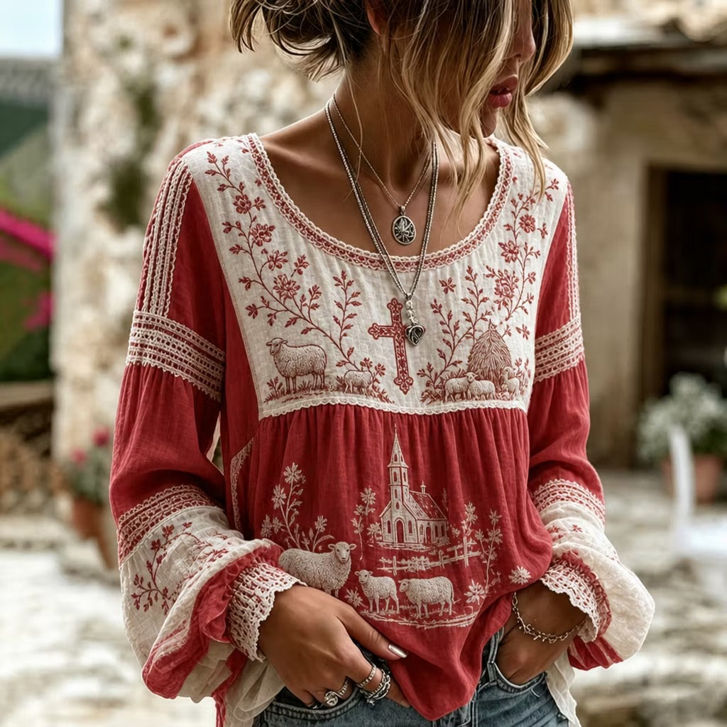 Women's Retro Sheep Floral Cross Cotton Linen Long-sleeve T-shirt