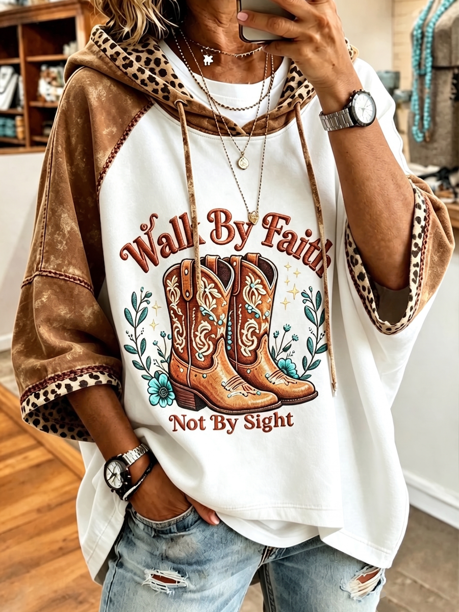Women'S Faith Flower Cross Retro Western Printed Hoodie