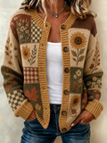 Women's Retro Plant Flower Printed Knitted Cardigan