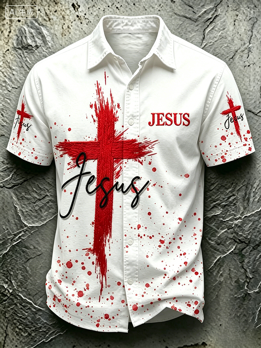 Religious Belief Cross Embroidery Printed Lapel Shirt