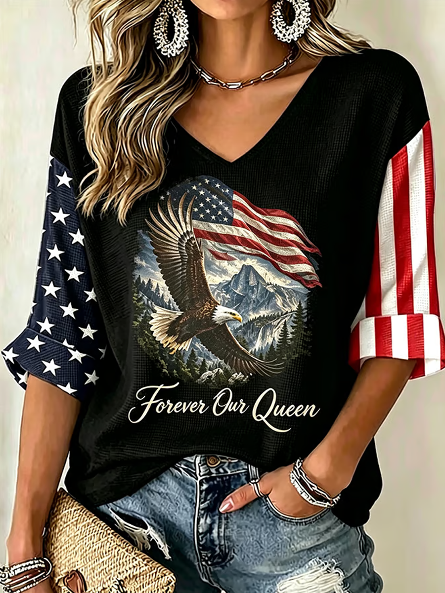 Women's Forever Our Queen Three-Quarter Sleeve V-Neck Top
