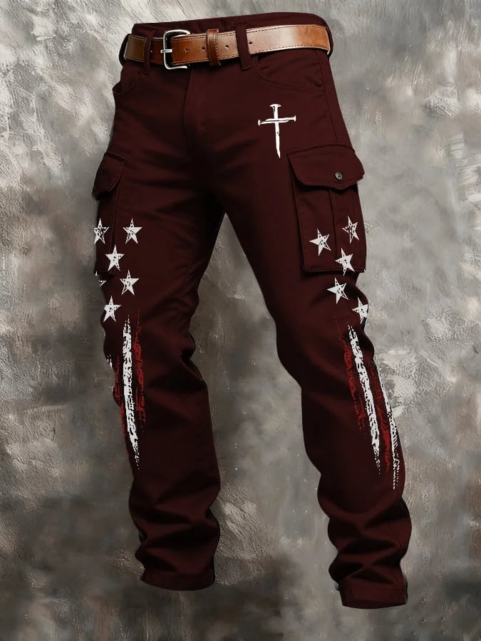 Men'S Casual American Flag Faith Cross Personalized Printed Workwear Pants