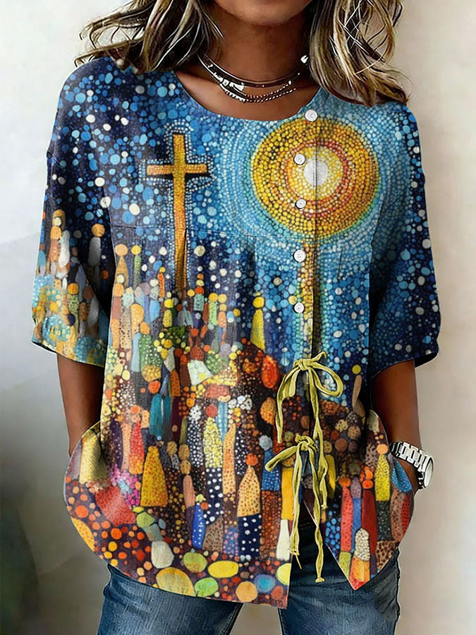 Women's Faith Printed Cotton and Linen Top