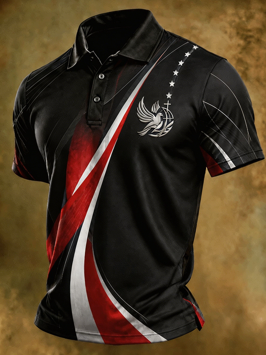 Men's Dove Cross Patriotic Red White Blue Geometric Print Polo Shirt