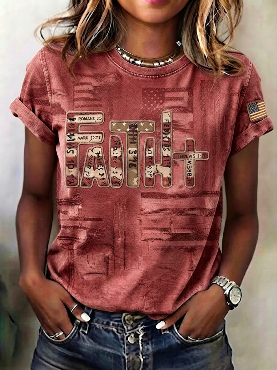 Ladies' Casual Round Neck American 250Th Anniversary Cross Print T-Shirt