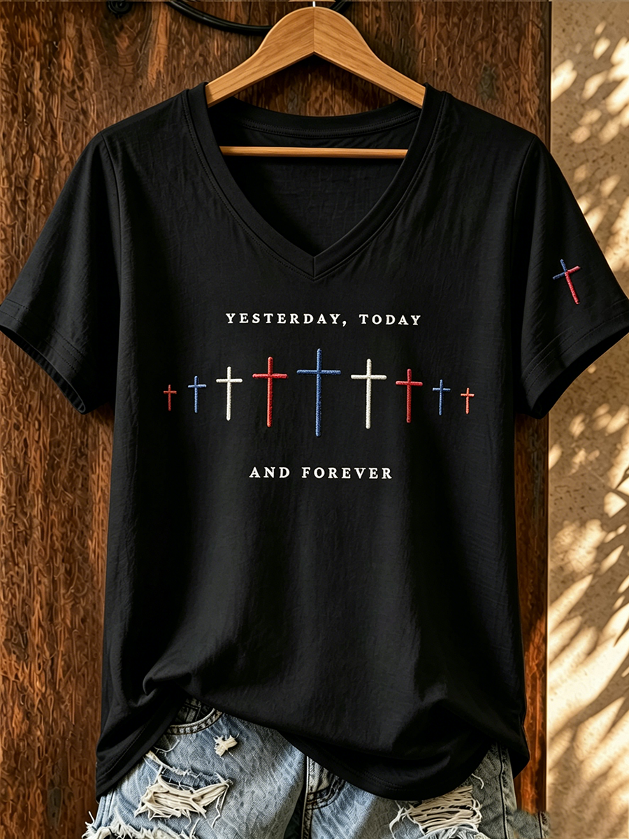 American Faith Jesus Cross Commemorative Print V-Neck T-Shirt