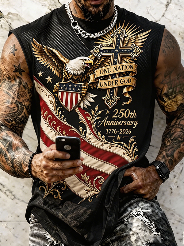 Men's USA 250th Anniversary Eagle Cross Patriotic Mesh Sleeveless Muscle Tank Top