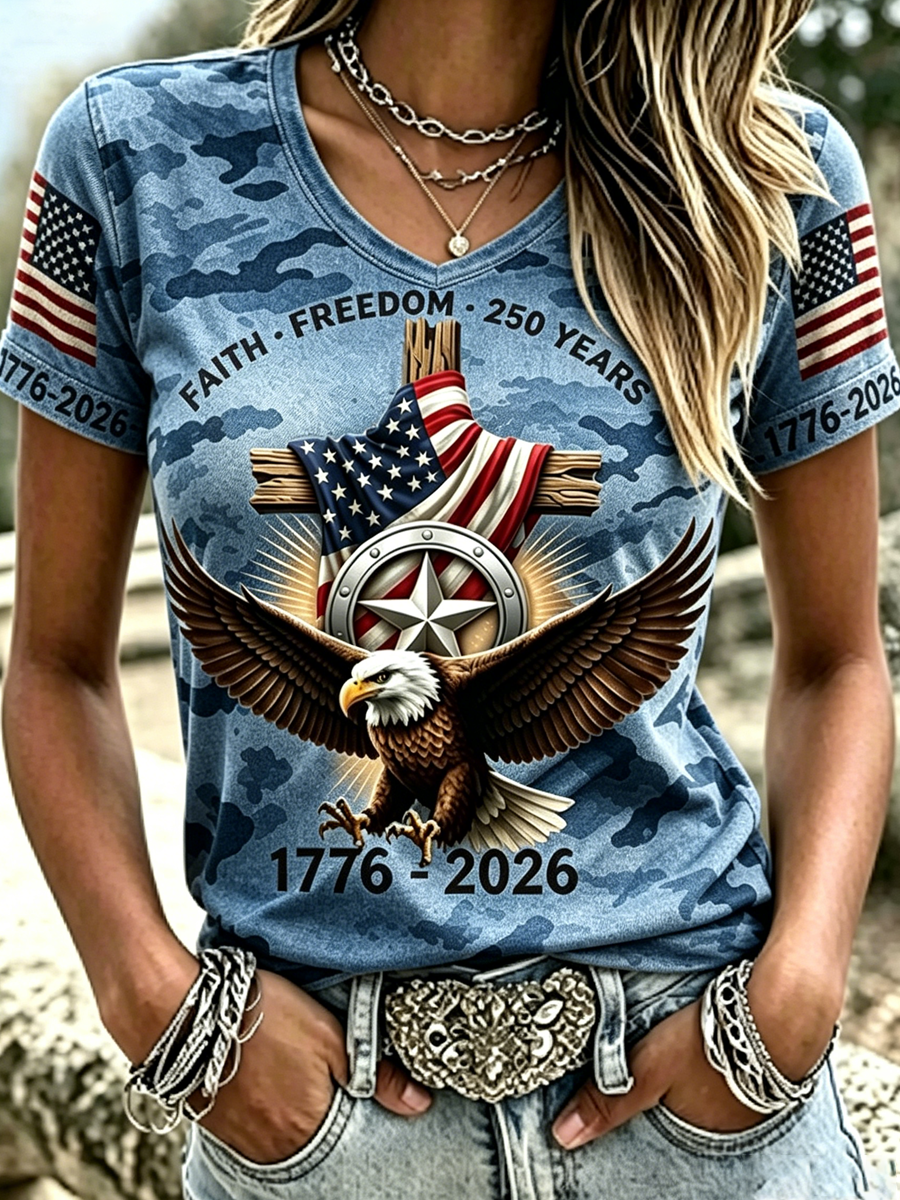 250Th Anniversary Of Women'S Retro Faith In The United States V-Neck Short Sleeve