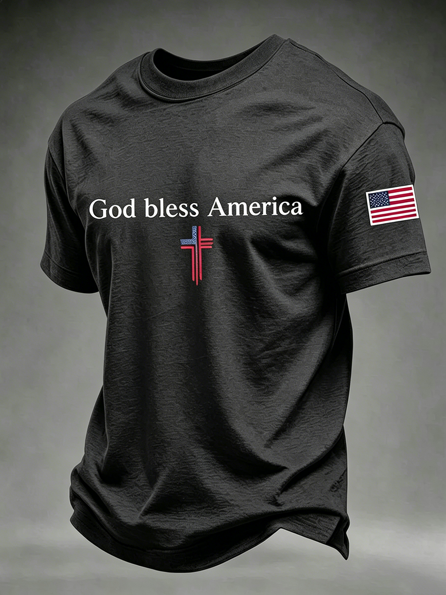 God Bles America Faith Cross Commemorative Printed Round Neck T-Shirt