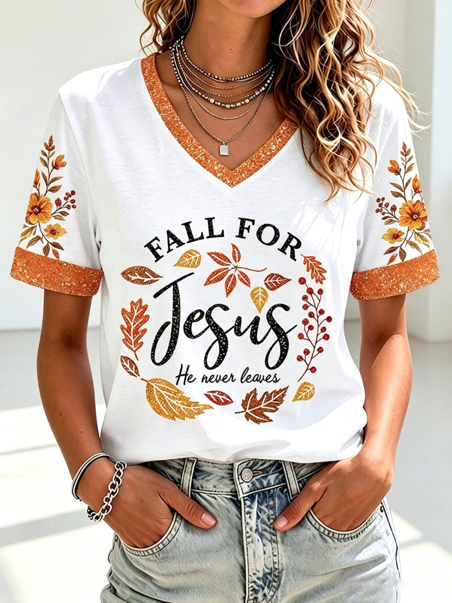 Women's Fall For Jesus He Never Leaves T-Shirt
