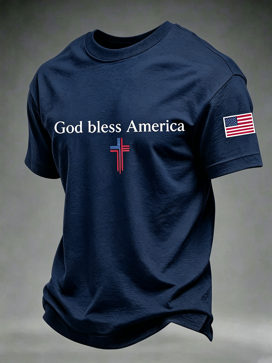God Bles America Faith Cross Commemorative Printed Round Neck T-Shirt