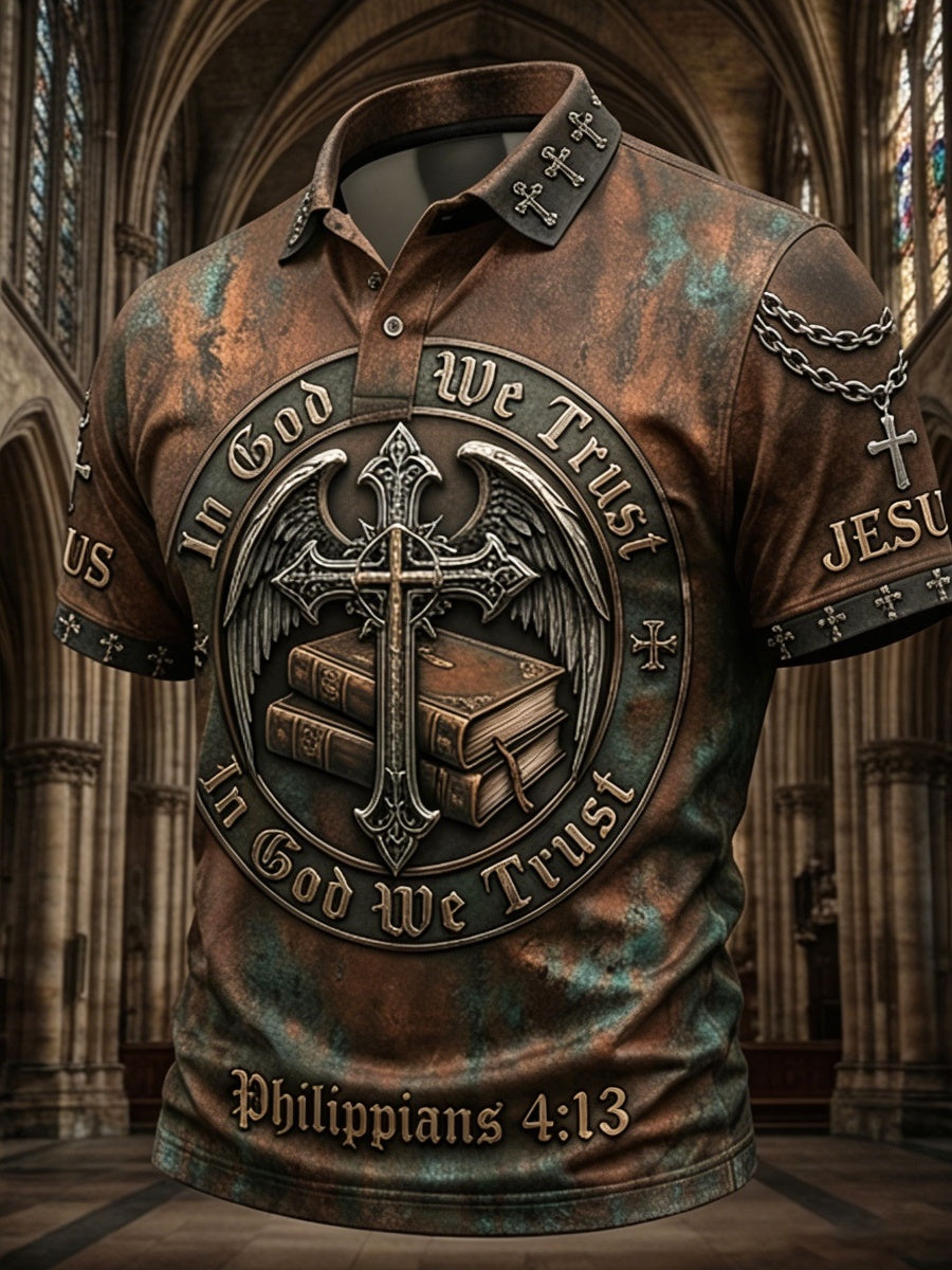 Retro“In God We Trust”Cross-Print Men's Polo Shirt